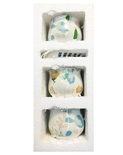 Ceramic Food Storage Porcelain Condiment Container Spice Jar with Lids - Ceramic Serving Spoon, Wooden Tray - Pottery Cruet Pot,Seasoning, Sugar, Coffee, Salt, 8.8OZ (250ML), Set of 3 (Garden)