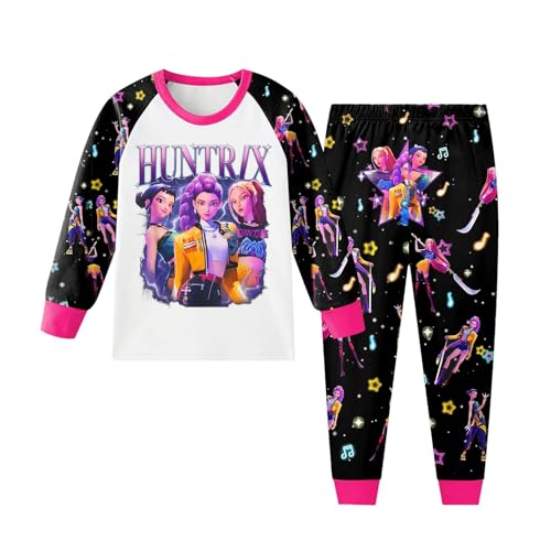 K P-o-p Demons Hunters Pyjamas Sets, Girls Long Sleeve 2 Pieces Pjs Set, Music Party Pajamas Nighties Cartoon Sleepwear for Kids, Huntrix Merch Kids Pjs Long Sleeve Clothes A-black