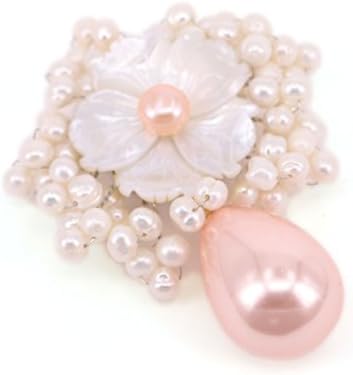 Natural Shell Carved Flower Brooch Pins for Women / Girls Water Drop Brooches with Pearls Cubic-zirconia Floral Wedding Breastpins Bridal Jewelry Accessory (Pearl & Water Drop Pink 082)