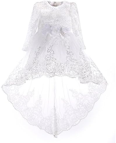 Omaysaa Sequins White Lace Trailing Boho Chiffon Flower Long Sleeves Girl Dress 4-12 Year Old (White, 7-8T)