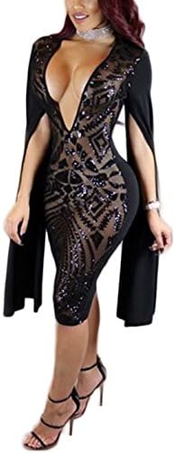 PJTOP Ladies Plus Size Sexy Deep V Sequins Party Cocktail Club Bodycon Dress Black XL