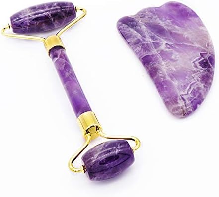 Jade Roller and Gua Sha Tools Set-100% Real Natural Jade Roller For Face To Wrinkles, Anti Aging - Authentic, Durable, Natural, No Squeaks（Amethyst）