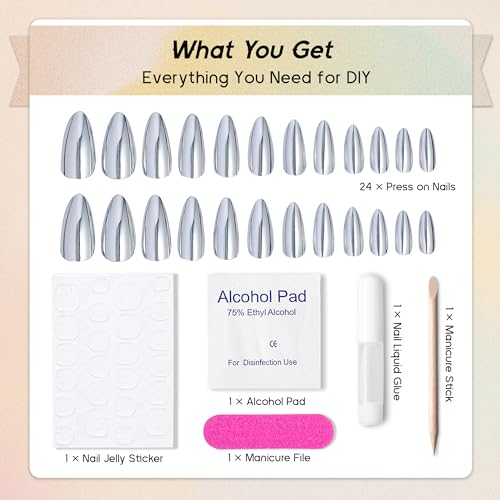 Qsnidy Chrome Press On Nails Almond, Metallic Sliver Mirrored Press On Nails Medium Glue on Nails, Acrylic Natural Fit Stick on Nails in 12 Sizes - 24 Fake Nails Kit for Women Daily & Party Wear - Image 4