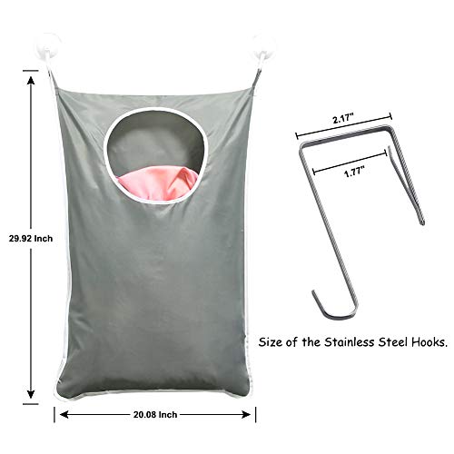 DiGiCare Door Hanging Laundry Hamper Bag, Space Saving Wall Hanging Laundry Basket Laundry Bag With 2 Stainless Steel Hooks, 2 Suction Hooks for Door, Wall, Nursery Room, Dorm, Travel (Gray) - Thumbnail 2