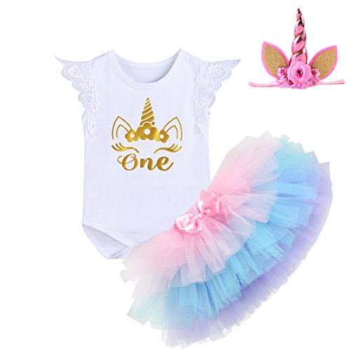 Baby Girl Unicorn Outfits Romper + Ruffle Tutu Skirt + Headband Birthday Party Clothes 3PCS Set 12-18 Months XL