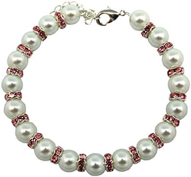 Anima White Glass Pearl with Pink Rhinestone Rings Pet Necklace, 8-10"