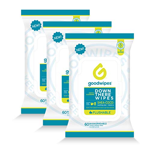 Goodwipes Down There Feminine Flushable Wet Wipes for Women, Shea-Coco Scent, 60 Wipe Pack, 3 Count (180 Wipes)