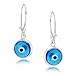 Spiritual Protection Round Blue Nazar Evil Eye Lever back Drop Earrings For Women Teen Murano Glass .925 Sterling Silver Made In Turkey