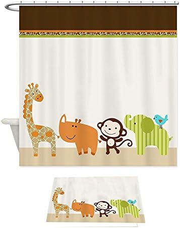 Cute Wildlife Jungle Animals Kids Shower Curtain Liner 66x72inch &amp; Doormat 40x60cm