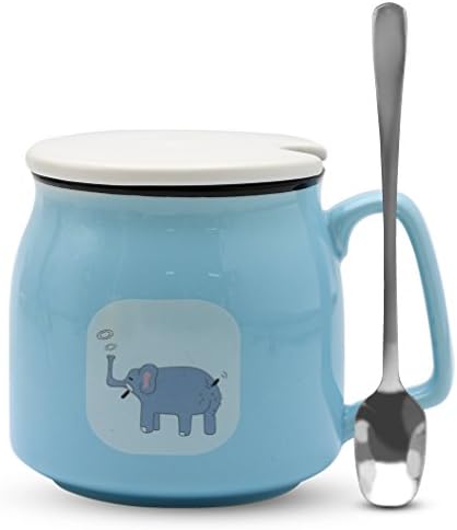 Asmwo Cute Elephant Mug Funny Blue Ceramic Coffee Tea Mug with Lid and Spoon Birthday Christmas Thanks Giving Gift Mugs for Women Girls Boys Kids 12 oz