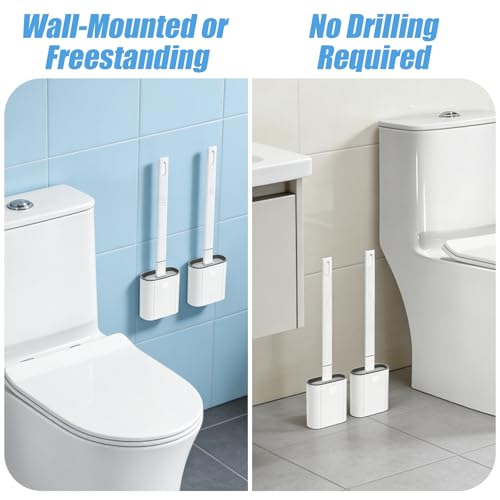 Toilet Brush, 2 Pack Bathroom Silicone Toilet Brushes and Holder Sets with No-Slip Long Plastic Handle and Soft Flexible Bristles, Toilet Brushes with holders and Base for Anti-drip (White)