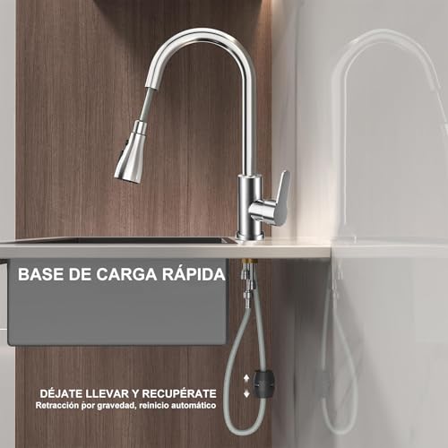Grifo Mezcladora para Fregadero de Cocina de Acero Inoxidable, 360º Giro Mezcladora para Fregadero, Llave para Fregadero de Acero Inoxidable con 2 Modos de Agua (Plata)