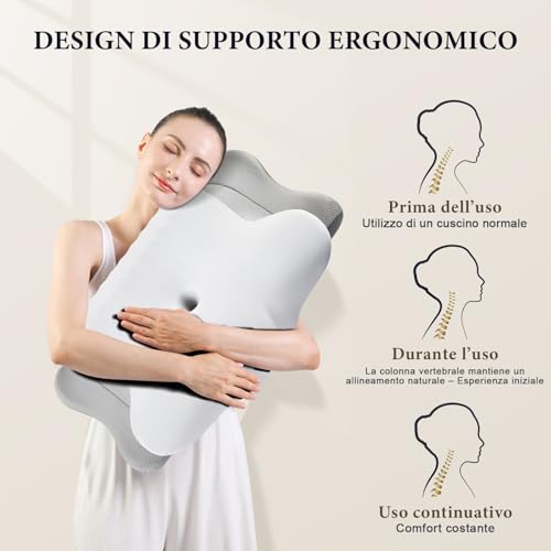 KOOTETA Cuscino Cervicale Memory Foam, Cuscino Ortopedico per Dormire con Supporto per Collo e Spalle, Doppia Altezza 10/13 cm, Federa Traspirante Sfoderabile Lavabile, 64x39 cm, Grigio Chiaro