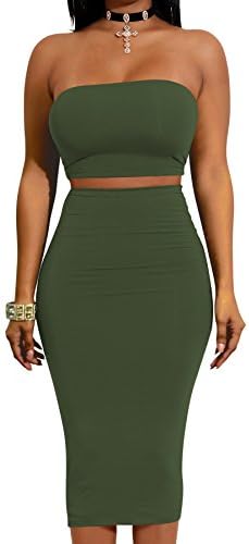 Women's Sexy Off Shoulder Long Sleeves Back Lace up Crop Top Midi Pencil Bodycon 2 Pieces Set Club Dress