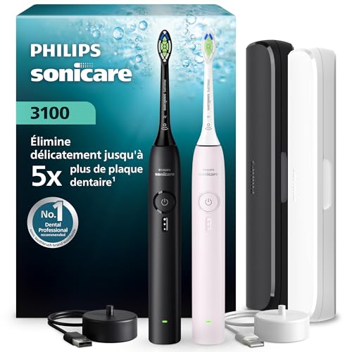 Philips Sonicare série 3100 – Brosse à dents électrique, capteur de pression, 3 intensités, EasyStart, SmarTimer, autonomie 14 j, étui de voyage, pack de 2, noir/rose pâle, HX4072/42, [Nouveau]