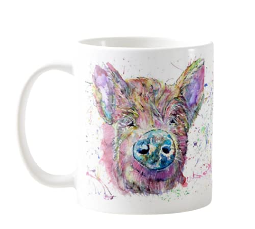 Vixar Pig Farm Animal Watercolour Rainbow Art Coloured Mug Cup, Gift, Birthday, Work, Office, Christmas Tea Coffee (White)