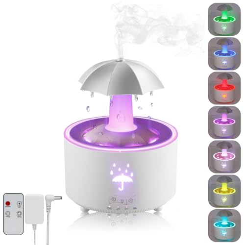 Humidifier with Light, 7-Color Rotating Umbrella Humidifier Water Drip Diffuser with Remote & Timer, 300ML Small Humidifier Aroma Diffuser, Funny Rain Humidifier for Bedroom Kids Room (White)