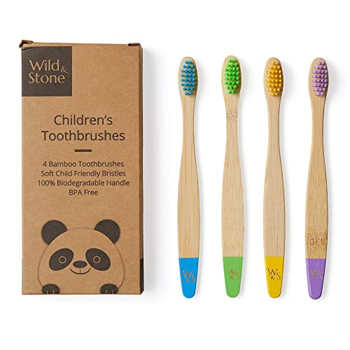 Wild & Stone Organic Children's Bamboo Toothbrush | Four Colors | Soft Fibre Bristles | 100% Biodegradable Handle | BPA Free | Vegan Eco Friendly Kids Toothbrushes