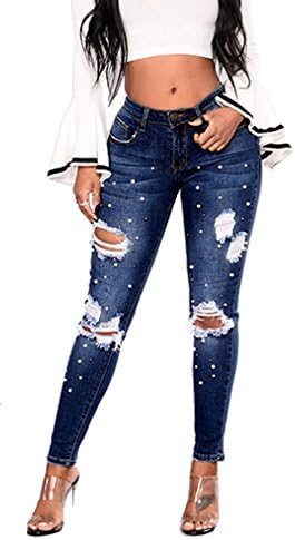 iRachel Womens Rise Ripped Denim Distressed Skinny Jeans Pearl Destroyed Pants