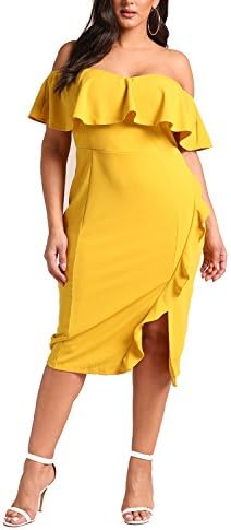 Debshops Womens Plus Size Off Shoulder Ruffle Bodycon Dress 1XL Mustard