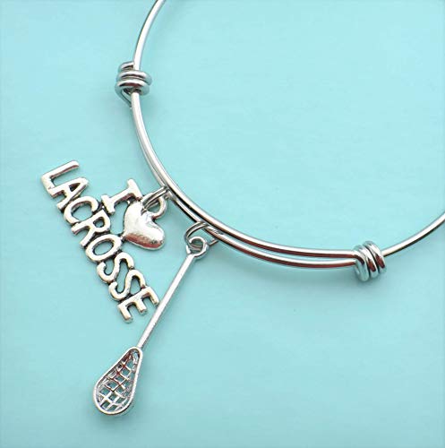 I Love Lacrosse bracelet in stainless steel with silver toned metal lacrosse stick and I love lacrosse charm in silver metal.