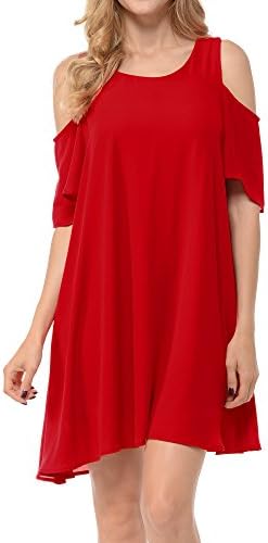 Upparel Women's Open Shoulder Floral Print Chiffon Casual Dress -Made in USA (Small, Red)