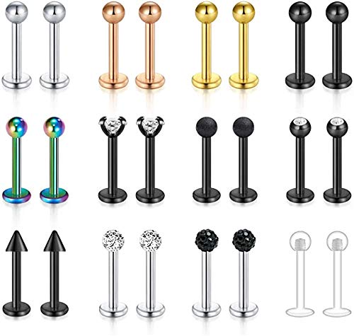 incaton 16G Labret Stud Lip Rings Retainer Cartilage Tragus Helix Earring Barbell Monroe Medusa Piercing Jewelry with Clear Diamond CZ 24 Pcs Stainless Steel 8mm Bar Length for Women