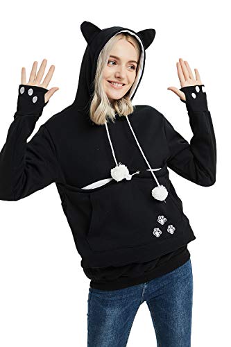 Womens Unisex Big Kangaroo Pouch Hoodie Cat Ear Long Sleeve Pet Dog Holder Carrier Sweatshirt, Black, X-Large