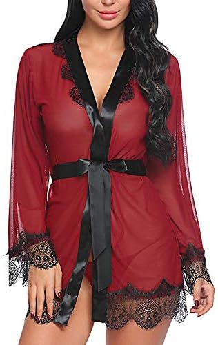 Women's Lace Kimono Robe Lingerie Babydoll Silk Sheer Nightwear with Belt