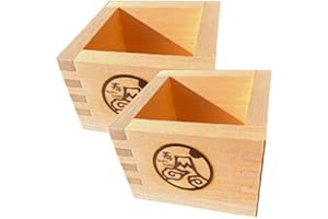 EDOYA Hinoki Wood Sake Cups (Set of 2) Japanese Box Masu with Japanese Lucky Brand (Long Life Fuji)