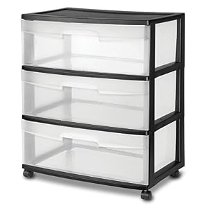 Image of Sterilite 29309001 Wide 3 Drawer Cart, Black Frame with Clear Drawers and Black Casters, 1-Pack