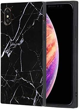 Rectangle White Marble Square iPhone Case Glossy, Soft TPU Rubber Gel Granite Cellphone Cover Square Phone Case for iPhone (Black, iPhone Xs Max)