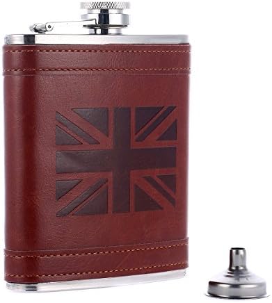 Taneaxon 7 oz UK Flag Pattern Pocket Hip Flask with Funnel - Stainless Steel with Leather Wrapped Cover
