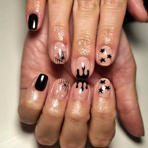 Black Halloween Press on Nails Spider Web Blood Drop False Nails Short Square Acrylic Glue on Nail with Star Design Glossy Day of the Dead Artificial Stick on Nail for Women at Amazon