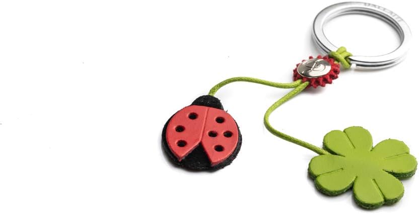 Dallaiti Design Ladybird and Clover Keyring in Suede Leather and Waxed Wire with Metal Ring Keyring, 11 cm, Red