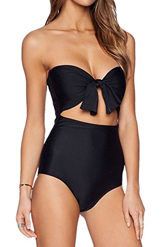 Tengweng Womens Strapless Bow-Tie Bikini High Waisted One Piece Monokini Swimwear L BlackB