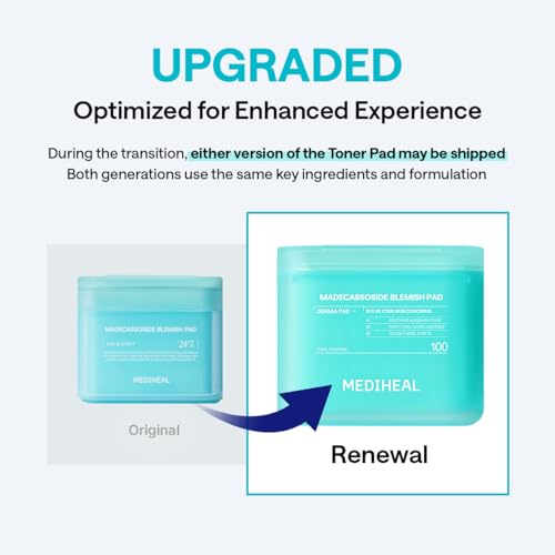 MEDIHEAL Madecassoside Blemish Toner Pads for Face – Korean Skin Care, 98% Pure Madecassoside with Centella Asiatica Complex, Blemish Marks, Redness & Dark Spot Care, Gauze Fabric, 100 Pads