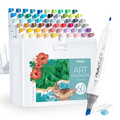 Ohuhu Marcadores Alcohol Doble Punta Ancha y Fina para Artistas Adultos Colorear Dibujar Paisaje - 60 Colores Kaala Marcadores Recargables Regalo