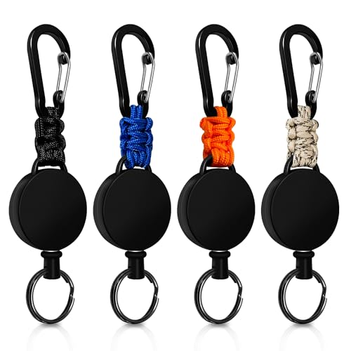 Retractable 4-Piece Key Ring, Retractable Steel Cable 60 cm, Carabiner Keychain with Paracord Clip, Reel Carabiner (Black + Beige + Blue + Orange)