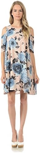 Upparel Women's Open Shoulder Floral Print Chiffon Casual Dress -Made in USA , ( Blue , Medium )