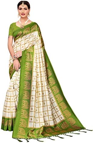 Indian Women's Art Silk Fabrics Multi-Colored Printed Sari with Blouse Piece (Fabric) Wedding Mehendi