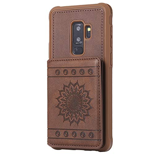 Shinyzone Slim Fit Back Wallet Case for Samsung Galaxy S9 Plus with Card Holder,Embossed Sunflower Pattern PU Leather Flip Cover with Magnetic Stand Function with Detachable Lanyard,Coffee