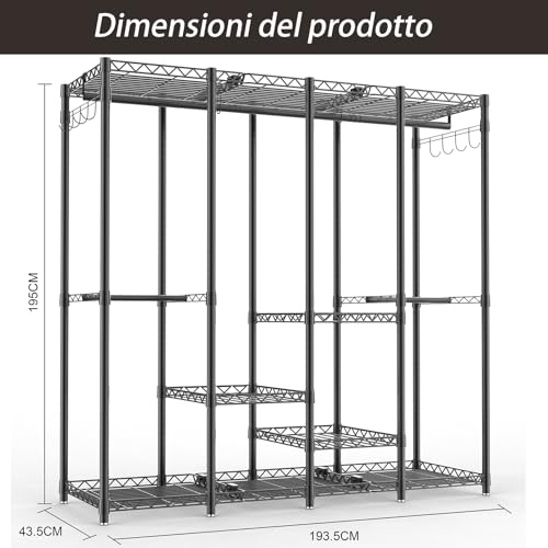 AQRA Metal Coat Stand, Adjustable Shelf Height, Large Capacity Wardrobe, 4 Assembly Methods, for Hanging Clothes, Storage, 193.5W×43.5D×195H (Black)