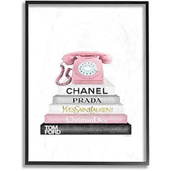 The Stupell Home Decor Grey Black Fashion Bookstack with Pink Phone Framed Giclee Texturized Art, 24 x 30, Multi-Color
