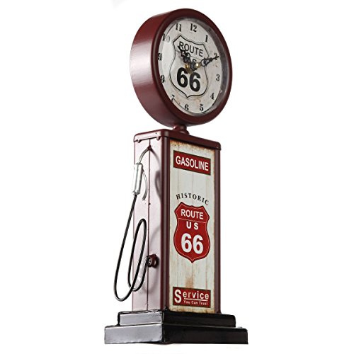 Lily's Home Old Fashioned Route 66 Gas Pump Mantle Clock, Silent-Non-Ticking with Quartz Movement, Makes an Ideal Gift for Antique Sign Collectors, Brown/Red (13 1/2