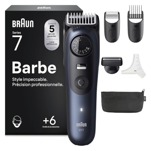 Braun Tondeuse Barbe Homme Series 7 BT7520, Bleue – Etanche, Batterie Rechargeable, Lame ProBlade, 40 Réglages de Longueur, Coffret avec +6 Outils de Barbier, Pochette