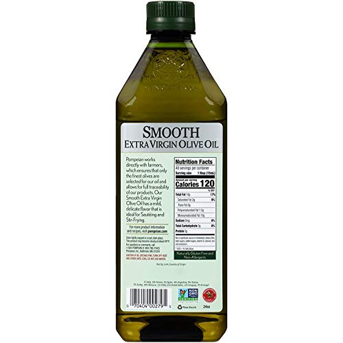 POMPEIAN SMOOTH EXTRA VIRGIN OLIVE OIL, FIRST COLD PRESSED, MILD AND DELICATE FLAVOR, PERFECT FOR SAUTEING AND STIR-FRYING, NATURALLY GLUTEN FREE, NON-ALLERGENIC, NON-GMO, 24 FL. OZ., SINGLE BOTTLE