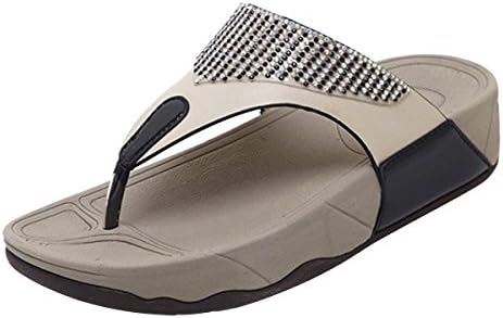 LUXINYU Women Flip Flop Sandals - Wedge Heel Beach Slides, Rhinestone Thong Sandals,Black US 9