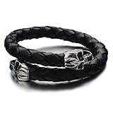 Elastic Adjustable Men's Black Braided Leather Wrap Bracelet Wristband with Steel Skull Silver Black