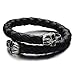 Elastic Adjustable Men's Black Braided Leather Wrap Bracelet Wristband with Steel Skull Silver Black